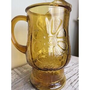 Vintage Libbey Glass Country Garden Daisy Amber 64 oz Ice Lip Pitcher Country